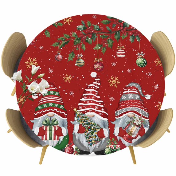 Red Gnomes Christmas Round Tablecloth, Fitted Table Cover with Elastic for 55"-60" Round Tables, Xmas Ball Gifts Snowflake Table Cloth Outdoor Indoor Dinning Party Waterproof Tablecloths