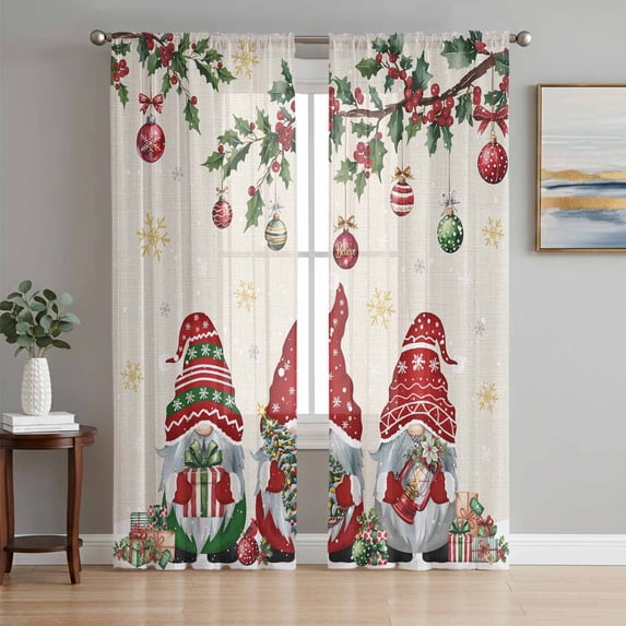 Red Gnomes Christmas Sheer Curtains 63 Inch Length 2 Panels Set Window Treatments, Xmas Ball Gifts Snowflake Rustic Rod Pocket Semi Curtains for Living Room/Bedroom/Kitchen Décor, 104"W x 63"L