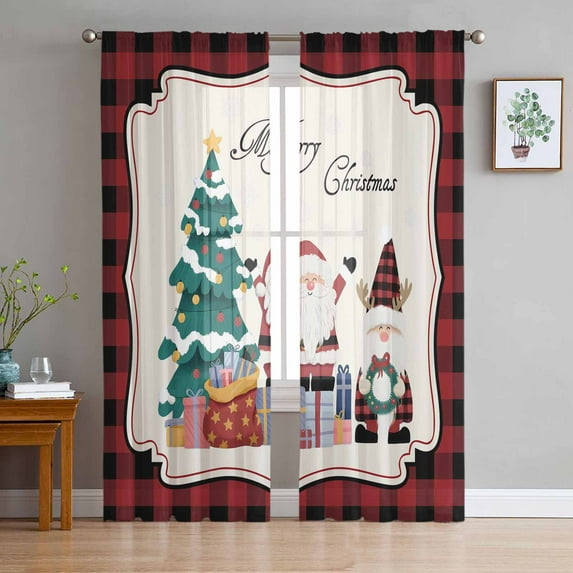 Red Gnomes Christmas Sheer Curtains 96 Inches Long, Xmas Tree Gifts Red Black Plaid Light Filtering Window Curtains for Living Room/Bedroom, Rod Pocket Voile Sheer Curtain Drapes, 52"Wx96"L, 2 Panels