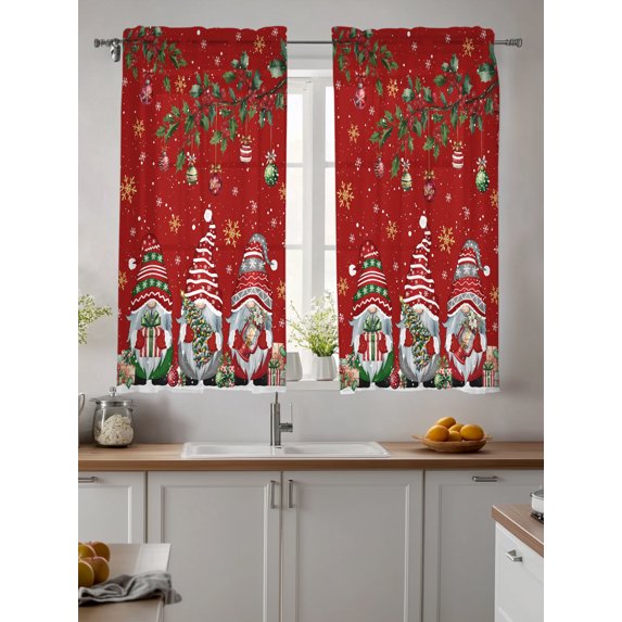 Red Gnomes Christmas Sheer Kitchen Tier Curtains 45 Inch length,Rod Pocket Half Curtains & Drapes,Xmas Ball Gifts Snowflake Light Filtering Chiffon Cafe Bathroom Window Treatments 2 Pcs 27.5"W x 45"L