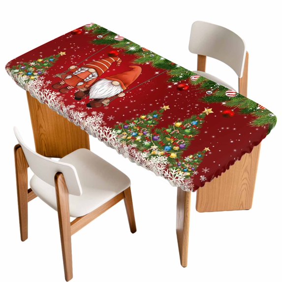 Red Gnomes Christmas Table Cloths for 3 Foot Rectangle Tables, Xmas Tree Balls Snowflake Patio Waterproof Elastic Fitted Tablecloths, Washable Rectangular Table Cover for Camping
