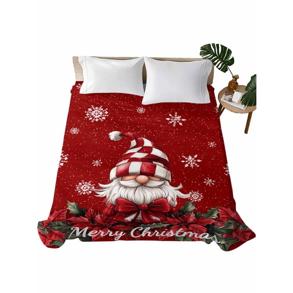 Red Gnomes Christmas Twin XL Size Flat Sheet Only, Hotel Luxury Microfiber Bed Top Sheets, Snowflake Xmas Poinsettia Soft Breathable Bedding Sheet for Bedroom, Easy Care - 66" x 102"
