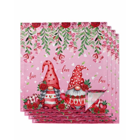 Red Gnomes Cloth Napkins Set of 4 Reusable Dinner Napkins, Valentine's Day Love Roses Leaves Ombre Pink Cocktail Napkin Washable Table Napkins for Wedding/Holiday Party/Baby Shower 20"x20"