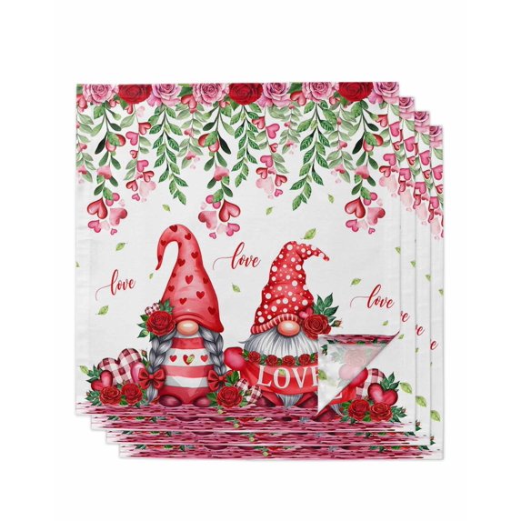 Red Gnomes Cloth Napkins Set of 4 Reusable Dinner Napkins, Valentine's Day Love Roses Leaves White Cocktail Napkin Washable Table Napkins for Wedding/Holiday Party/Baby Shower 20"x20"