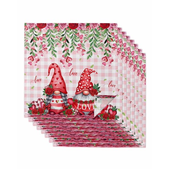 Red Gnomes Cloth Napkins Set of 8 Reusable Dinner Napkins, Valentine Roses Love Leaves Pink Plaid Cocktail Napkin Washable Table Napkins for Wedding/Holiday Party/Baby Shower 20"x20"