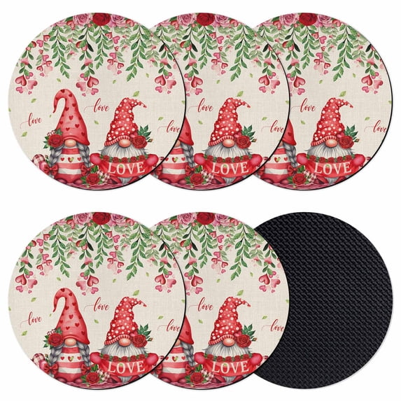 Red Gnomes Coasters Set of 6, Absorbent Coasters for Drinks, Valentine Roses Leaves Love Beige Rustic Coaster for Desk Coffee Table Protection, Home Decor House Warming Gifts 4"