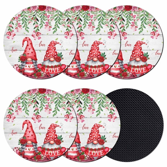 Red Gnomes Coasters Set of 6, Absorbent Coasters for Drinks, Valentine Roses Love Leaves Wood Rustic Coaster for Desk Coffee Table Protection, Home Decor House Warming Gifts 4"
