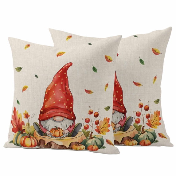Red Gnomes Fall Outdoor Waterproof Pillow Covers, Thanksgiving Pumpkin Maple Leaf Beige Decorative Square Throw Pillowcase Sofa Cushion Sham for Patio/Couch/Chair, 24"x24" 2 Pack