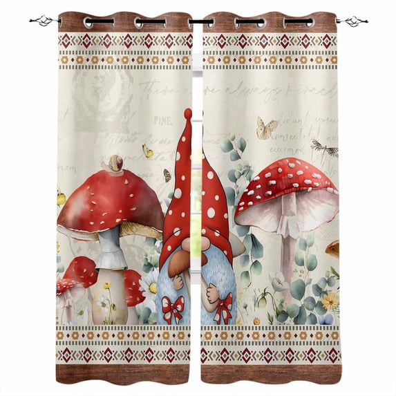 Red Gnomes Mushrooms Blackout Curtains for Bedroom, Thermal Drapes, Spring Floral Watercolor Botanical Vintage Black Out Curtains 63 Inch Long Room Darkening Kitchen Curtains 42"x63" 2 Panels