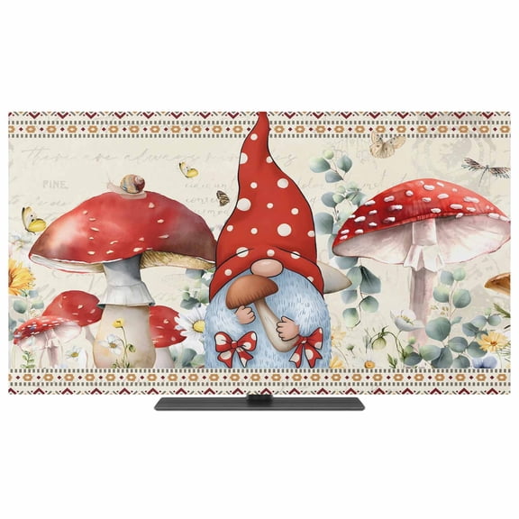Red Gnomes Mushrooms TV Dust Cover,Stretchable TV Screen Desktop Computer Protector Cover,Spring Floral Watercolor Botanical Vintage Television Dustproof Slipcover for 19–24 Inch Flat or Curved TVs