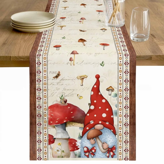 Red Gnomes Mushrooms Table Runner - 70 Inch Long Spring Floral Watercolor Botanical Vintage Cotton and Linen Blended Dress Scarves Farmhouse Table Runner for Kitchen Dining, Coffee Table, 13" x 70"