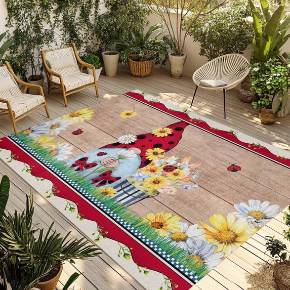 Red Gnomes Outdoor Rug for Patio/Deck/Porch, Non-Slip Large Area Rug 5 x 7 Ft, Spring Daisy Wildflowers Farmhouse Wooden Plank Indoor Outdoor Rugs Washable Area Rugs, Camping Rug Carpet Runner