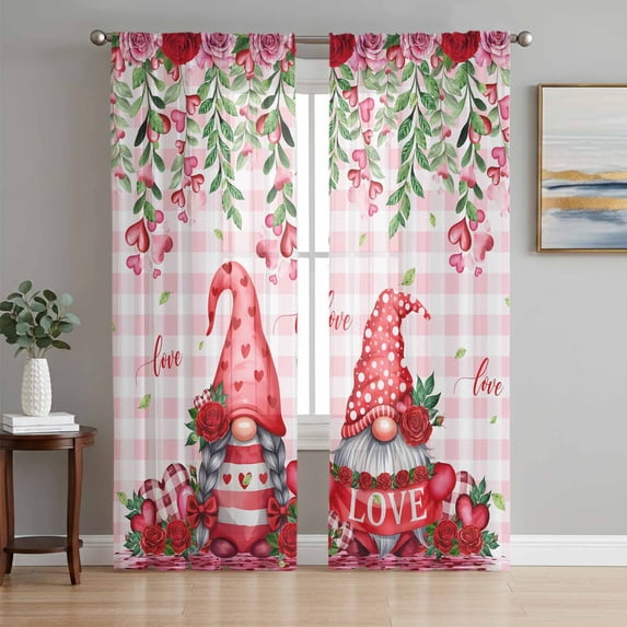 Red Gnomes Sheer Curtains 63 Inch Length 2 Panels Set Window Treatments, Valentine Roses Love Leaves Pink Plaid Rod Pocket Semi Curtains for Living Room/Bedroom/Kitchen Décor, 104"W x 63"L