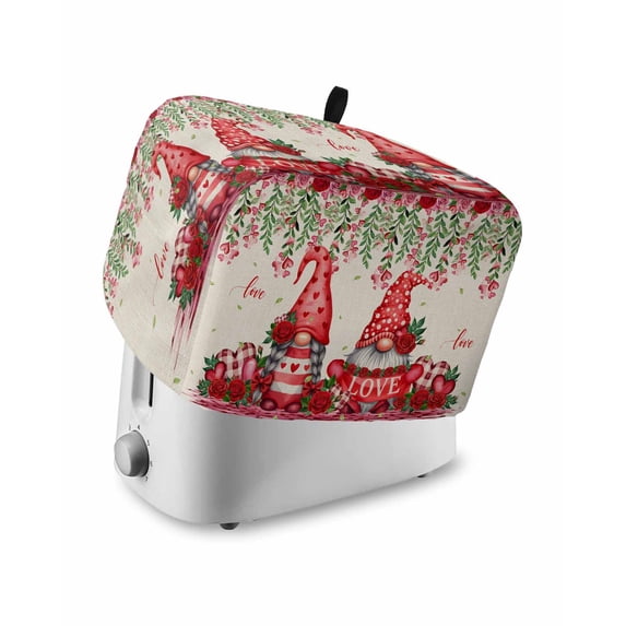 Red Gnomes Small Toaster Cover 2 Slice, Kitchen Appliance Covers, Valentine Roses Leaves Love Beige Rustic Toaster Oven Cover with Loop, Bread Machine Cover Polyester Dust Cover Protection
