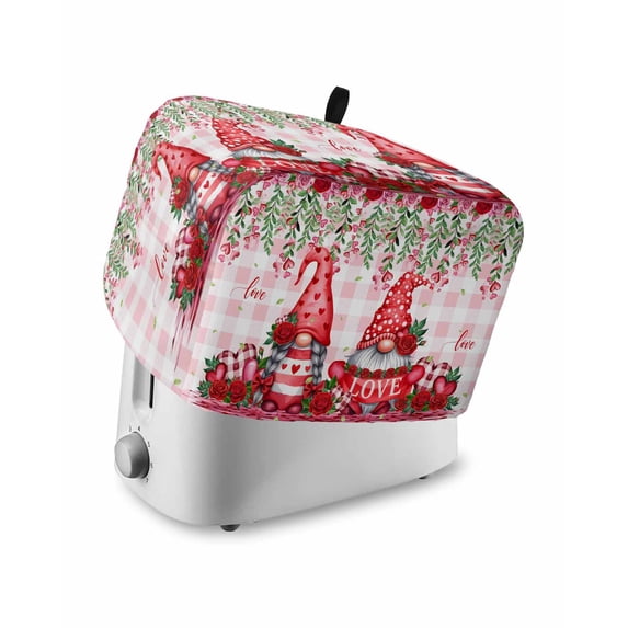 Red Gnomes Small Toaster Cover 2 Slice, Kitchen Appliance Covers, Valentine Roses Love Leaves Pink Plaid Toaster Oven Cover with Loop, Bread Machine Cover Polyester Dust Cover Protection