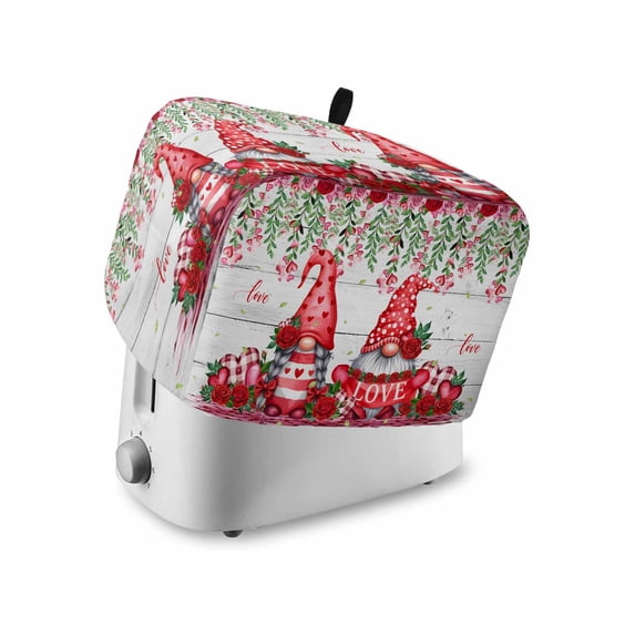 Red Gnomes Small Toaster Cover 2 Slice, Kitchen Appliance Covers, Valentine Roses Love Leaves Wood Rustic Toaster Oven Cover with Loop, Bread Machine Cover Polyester Dust Cover Protection