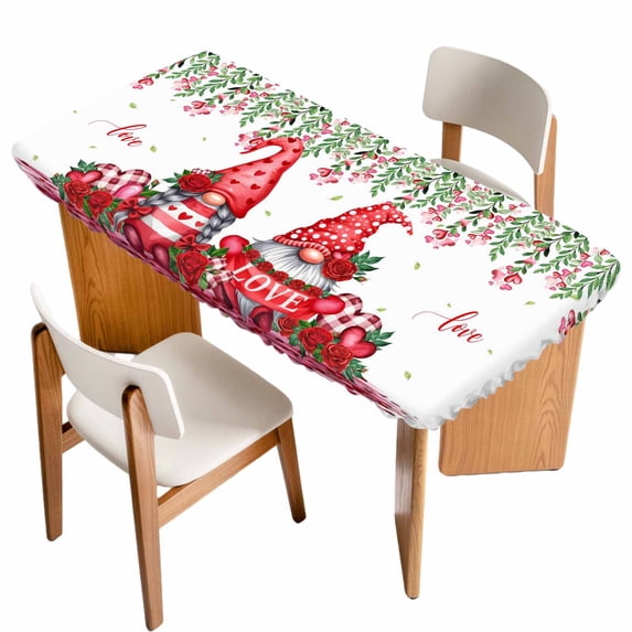 Red Gnomes Table Cloths for 3 Foot Rectangle Tables, Valentine's Day Love Roses Leaves White Patio Waterproof Elastic Fitted Tablecloths, Washable Rectangular Table Cover for Camping
