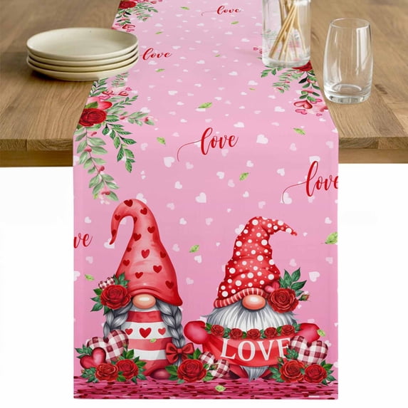Red Gnomes Table Runner 48 Inches Long Farmhouse Dress Scarves, Valentine's Day Love Roses Leaves Ombre Pink Dining Tablerunner for Coffee Table/Kitchen Island/Party Décor, 13" x 48"