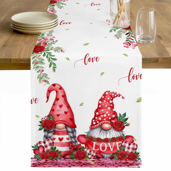 Red Gnomes Table Runner 60 Inches Long Farmhouse Dress Scarves, Valentine's Day Love Roses Leaves White Dining Tablerunner for Coffee Table/Kitchen Island/Party Décor, 13" x 60"