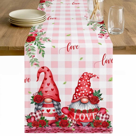 Red Gnomes Table Runner 70 Inches Long Farmhouse Dress Scarves, Valentine Roses Love Leaves Pink Plaid Dining Tablerunner for Coffee Table/Kitchen Island/Party Décor, 13" x 70"
