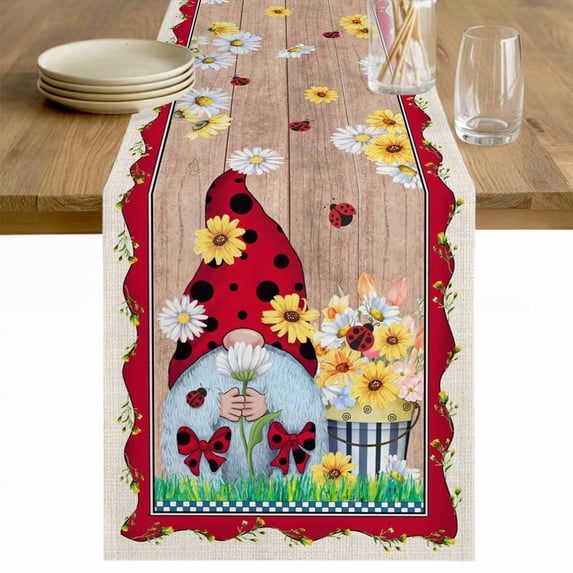 Red Gnomes Table Runner - 72 Inch Long Spring Daisy Wildflowers Farmhouse Wooden Plank Cotton and Linen Blended Dress Scarves Farmhouse Table Runner for Kitchen Dining, Coffee Table, 13" x 72"