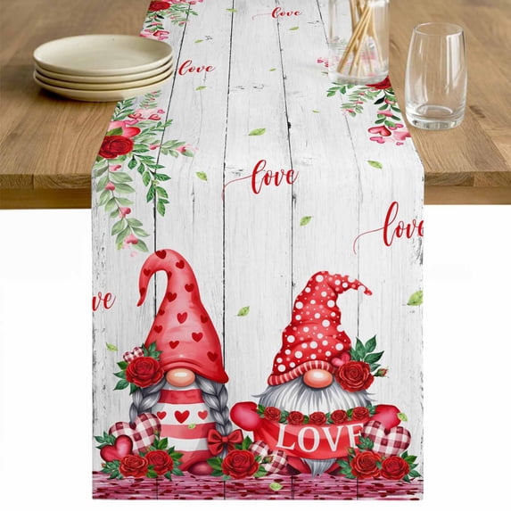 Red Gnomes Table Runner - 90 Inch Long Valentine Roses Love Leaves Wood Rustic Cotton and Linen Blended Dress Scarves Farmhouse Table Runner for Kitchen Dining, Coffee Table, 13" x 90"