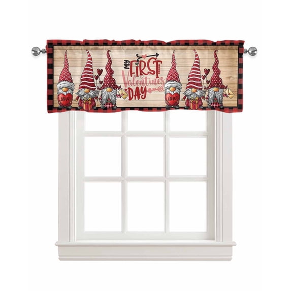 Red Gnomes Valentine Linen Curtain Valance for Bedroom/Bathroom/Kitchen/Office/Living/Dining Room Window,Red Black Plaid Vintage Wooden Rod Pocket Topper Decorative Cafe Drapes Panel 42"x18"