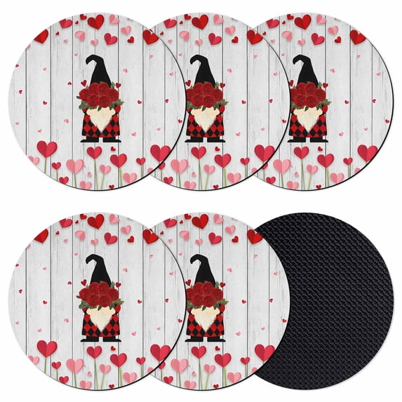 Red Gnomes Valentine's Day Coasters Set of 6, Absorbent Coasters for Drinks, Love Heart Roses Vintage Coaster for Desk Coffee Table Protection, Home Decor House Warming Gifts 4"