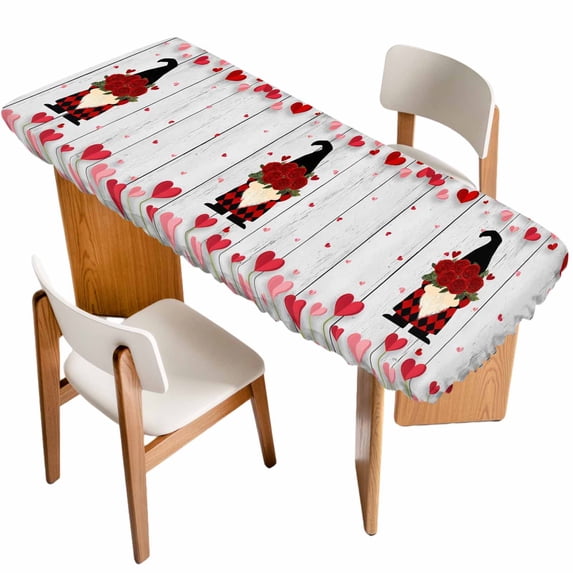 Red Gnomes Valentine's Day Table Cloths for 8 Foot Rectangle Tables, Love Heart Roses Vintage Patio Waterproof Elastic Fitted Tablecloths, Washable Rectangular Table Cover for Camping