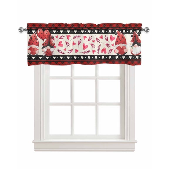 Red Gnomes Valentines Day Linen Curtain Valance for Bedroom/Bathroom/Kitchen/Office/Living/Dining Room Window,Red Plaid Plaid Spring Floral Rod Pocket Topper Decorative Cafe Drapes Panel 42"x12"