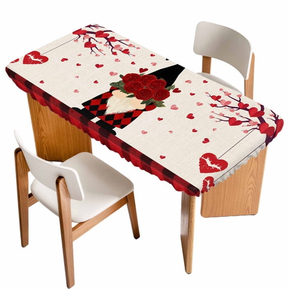 Red Gnomes Valentines Table Cloths for 5 Foot Rectangle Tables, Love Heart Tree Roses Plaid Rustic Patio Waterproof Elastic Fitted Tablecloths, Washable Rectangular Table Cover for Camping