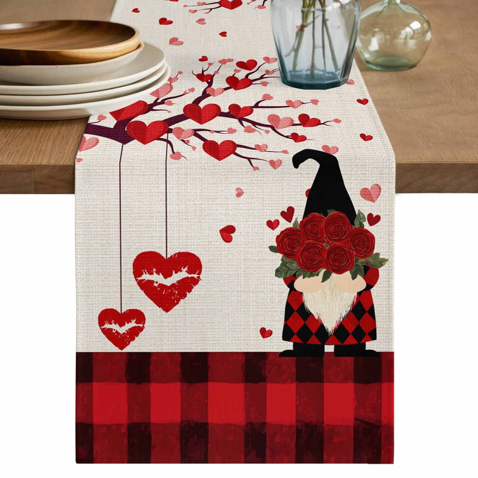 Red Gnomes Valentines Table Runner 120 Inches, Love Heart Tree Roses ...