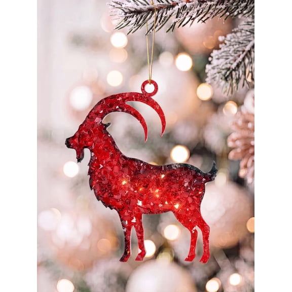 Red Goat Acrylic Hanging Decor for Christmas Tree, 2D Flat Sparkling Animal Ornament with Gold String, Hanging Decor for Christmas Tree Home Party Christmas Decorations Gifts