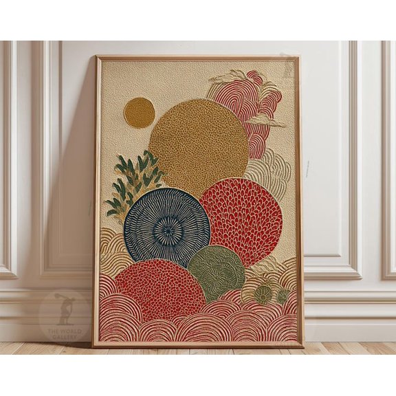 Red Gold Abstract Japanese Circle Wave Wall Art Print, Unframed Paper Poster 8x10in