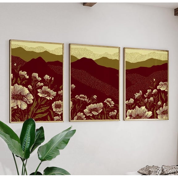 Red Gold Abstract Landscape Botanical Hills Wall Art Modern Triptych, Poster Only