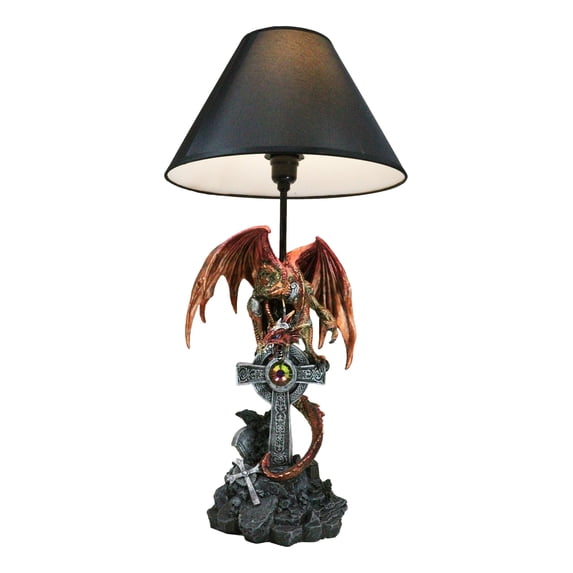 Red Gold Armored Dragon On Celtic Knotwork High Cross With Crystal Table Lamp
