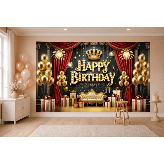 Red Gold Birthday Crown Backdrop