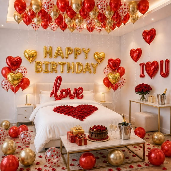 Red and Gold Birthday Decorations, Romantic Hotel Birthday for Him Her Boyfriend Husband Girlfriend Wife, Happy Birthday I Love You Heart Balloons, 1000 Rose Petals, Surprise Room Party VT04