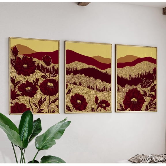 Red Gold Botanical Landscape Abstract Hills Wall Art Modern Triptych Set 3 Stretched Canvas 8x12