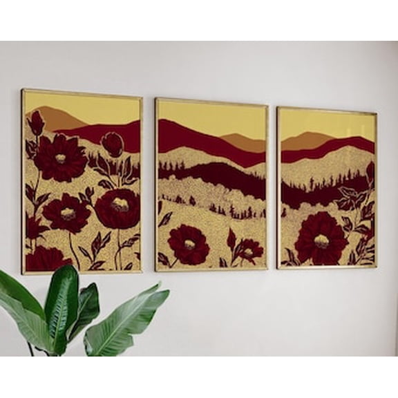 Red Gold Botanical Landscape Art, Modern Triptych Poster Set, Poster Only