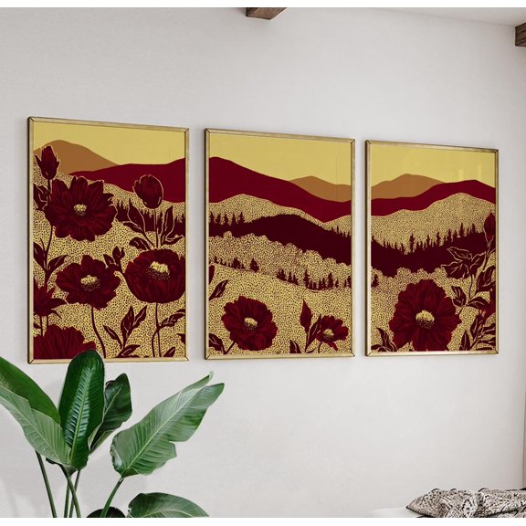 Red Gold Botanical Landscape Art Modern Triptych Poster Set