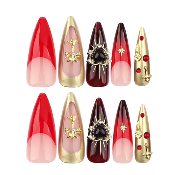 Red, Gold, Burgundy & Nude Pink Gradient Press on Nails, Long Stiletto Glossy Fake Nails with Star Pattern, Heart Gemstone and Rhinestone Accents, 10 Count