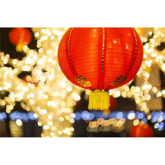 Red & Gold Chinese Lantern with Sparkling White Lights in The Background Granville Island - Vancouver British Columbi 3 Poster Print by Lorna Rande, 38 x 24 - Large