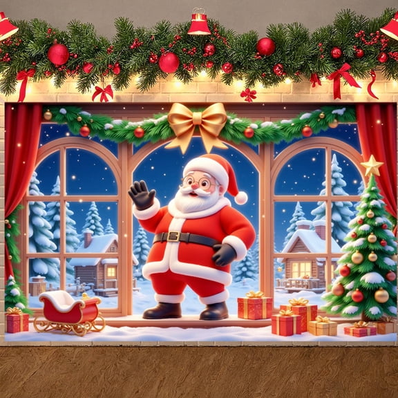 Red & Gold Christmas Banner Santa Claus Design Xmas Backdrop Snowy Scene Gift Boxes Festive Background for Christmas Party Home Decoration Holiday Gathering