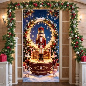 Red Gold Christmas Nutcracker Banner Snowflake Decorated Nutcracker Backdrop Lighted Design Festive Pattern Christmas Background for Christmas Party Home Decoration Holiday Gathering