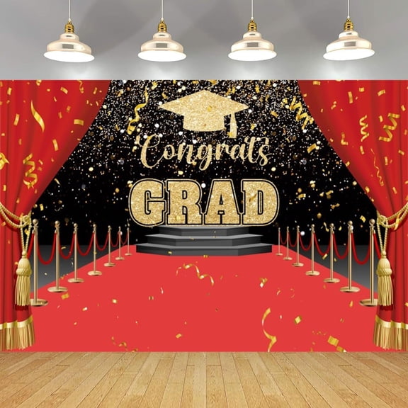 Red Gold Congrats Grad Backdrop Green Leaves Class of 2026 Graduation Background Congratulate Graduate Party Decorations Banner Photo Booth Props