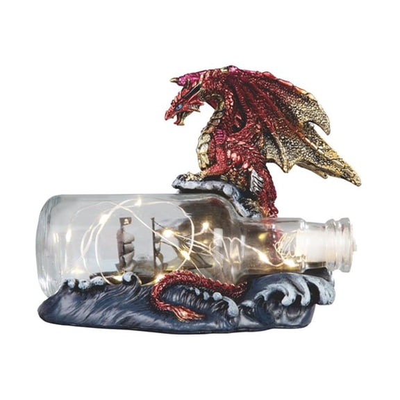 Red Gold Dragon On Ocean Waves Rock With Ship Trapped in LED Bottle Figurine