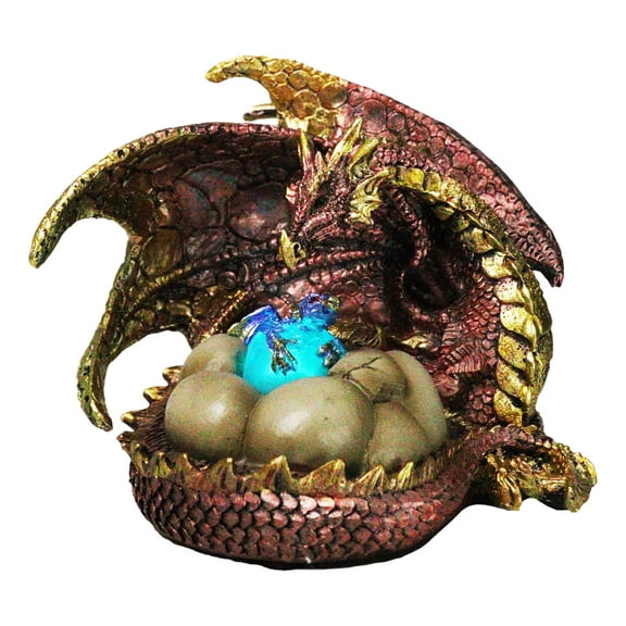 Red Gold Fire Mother Dragon Guarding Eggs And Baby Hatchling With LED Figurine