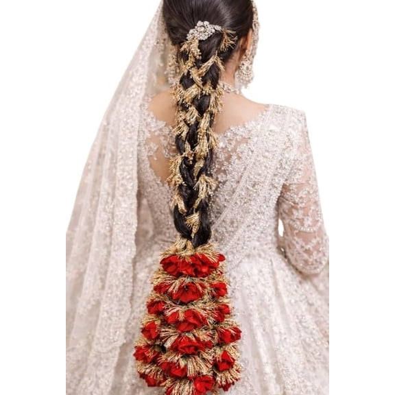 Red & Gold Floral Hair Paranda/Braid Accessory for Brides By Indian Handmade