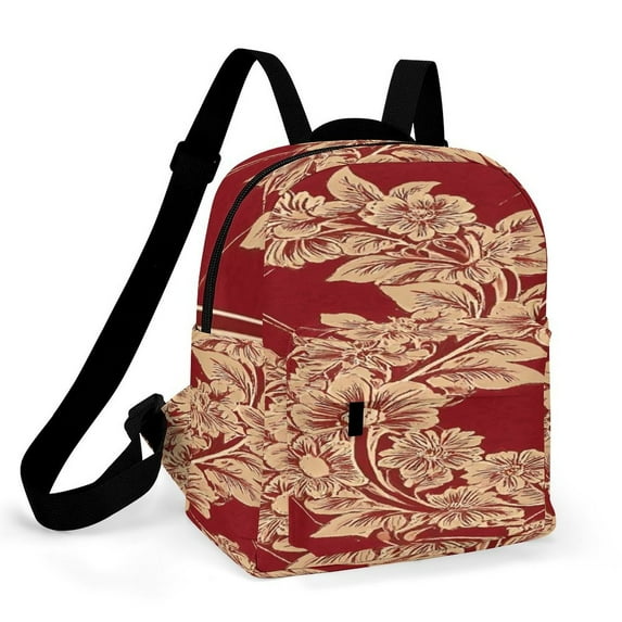 Red Gold Floral Ornate Design Small Backpack Cute Mini Backpacks For Woman Lightweight Daypacks